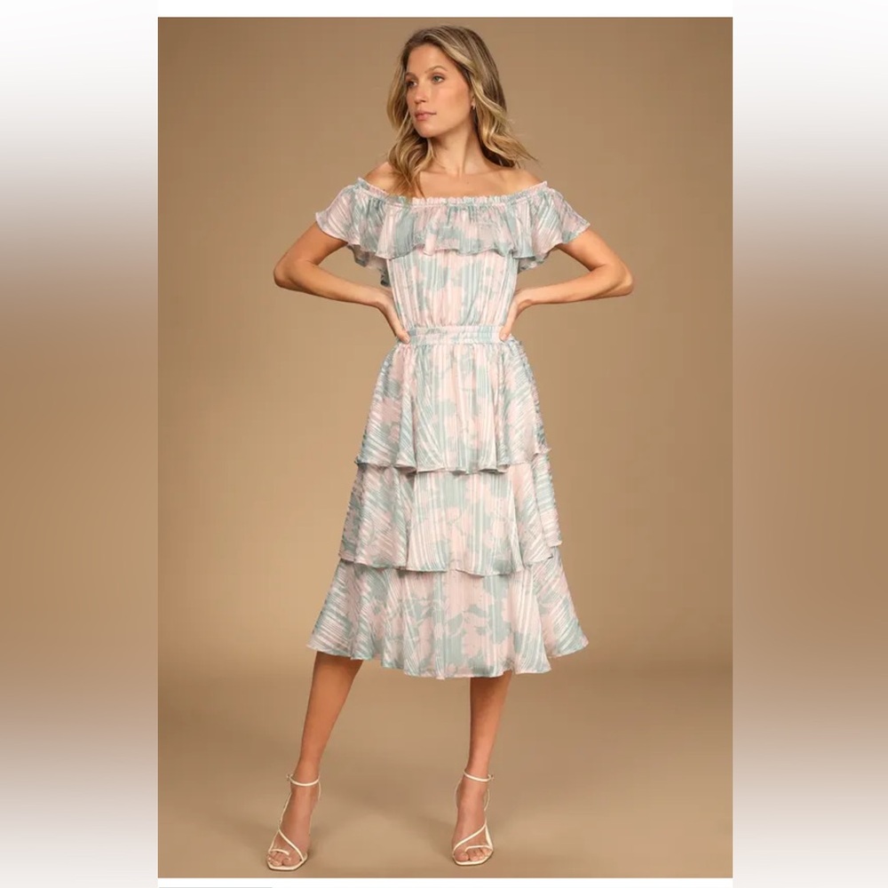 Lulus Garden Glam Teal Floral Print Off-the-Shoulder Tiered Midi Dress Size S